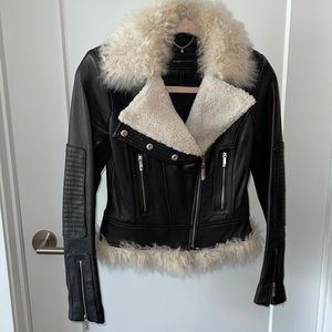 BCBG Maxazria Leather Motorcycle Jacket with shearling and Fur trimming